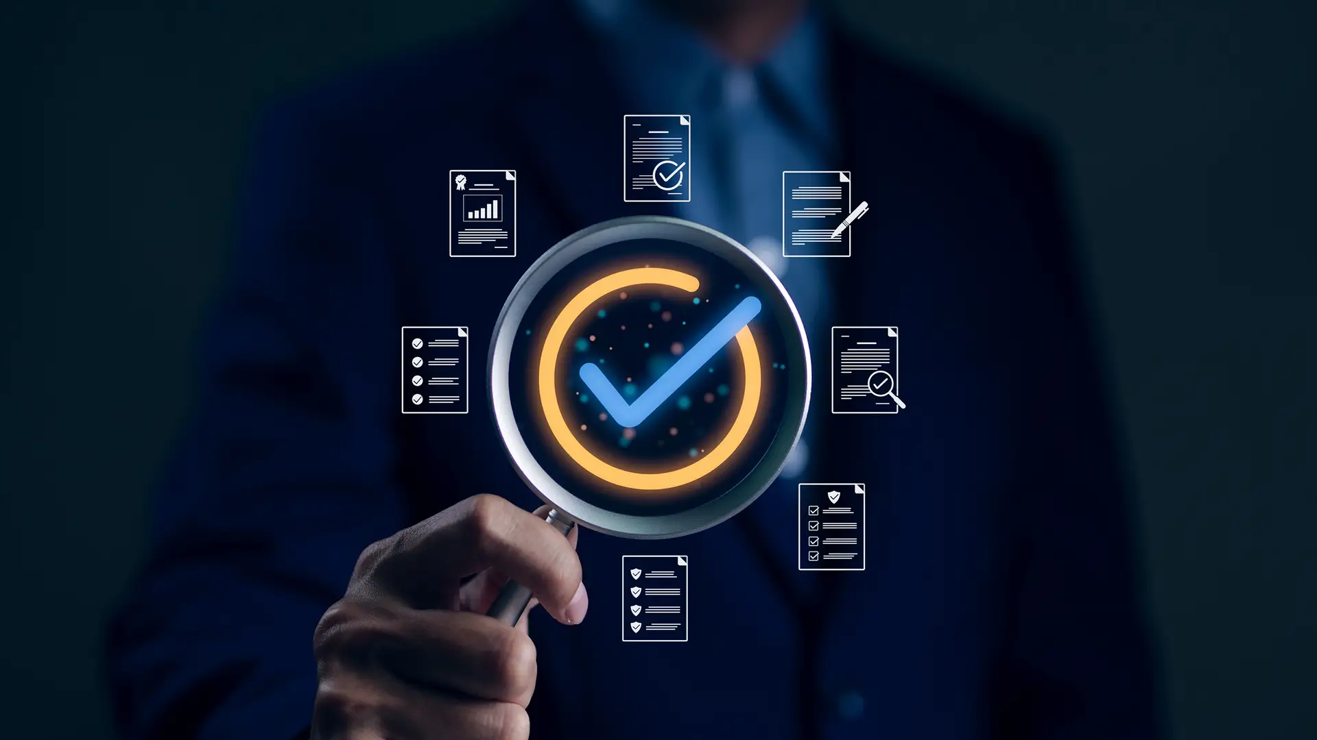 Businessman hand holding magnifying glass focusing standard quality control certification assurance guarantee symbol. Quality management with Quality Assurance and Quality Control. Standardization,