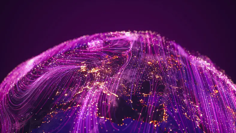 A detailed visualization of global information networks.
The dynamic lines and glowing patterns symbolize the flow of data.
(World Map Courtesy of NASA: https://visibleearth.nasa.gov/view.php?id=55167)